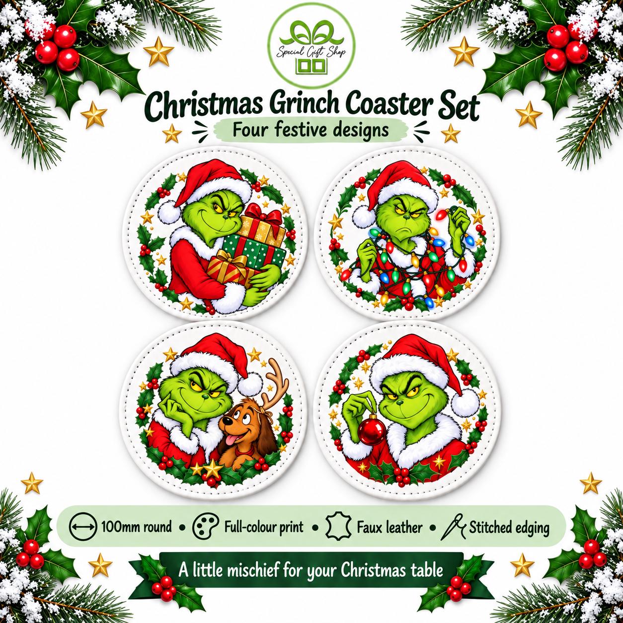 Grinch Christmas Coaster Set of 4, Faux Leather Coasters, 100mm Round, Full Colour Festive Table Decor, Christmas Gift