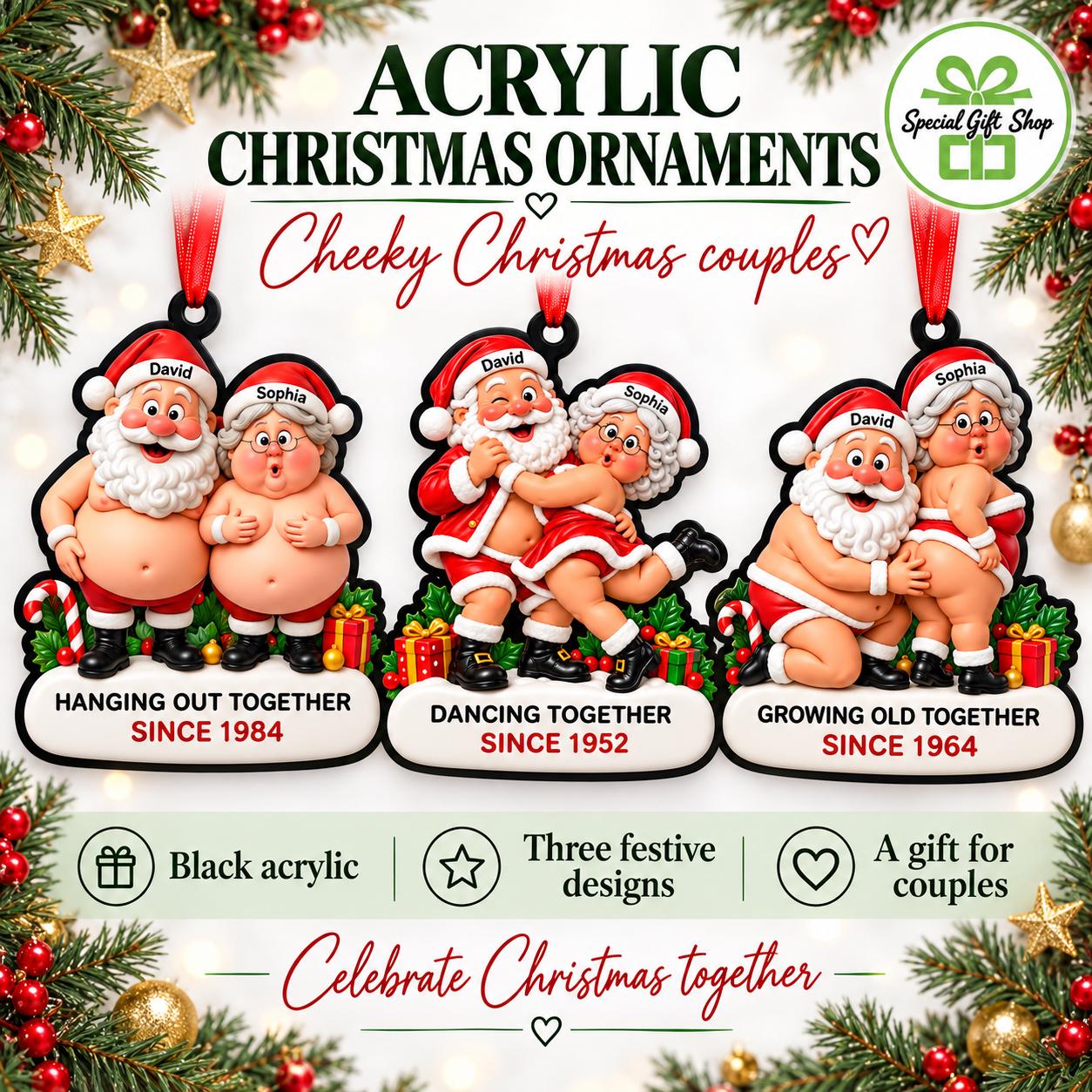 Personalised Christmas Couple Ornament, Funny Santa Couple, Black Acrylic Tree Decoration, Names and Year, Gift for Couples