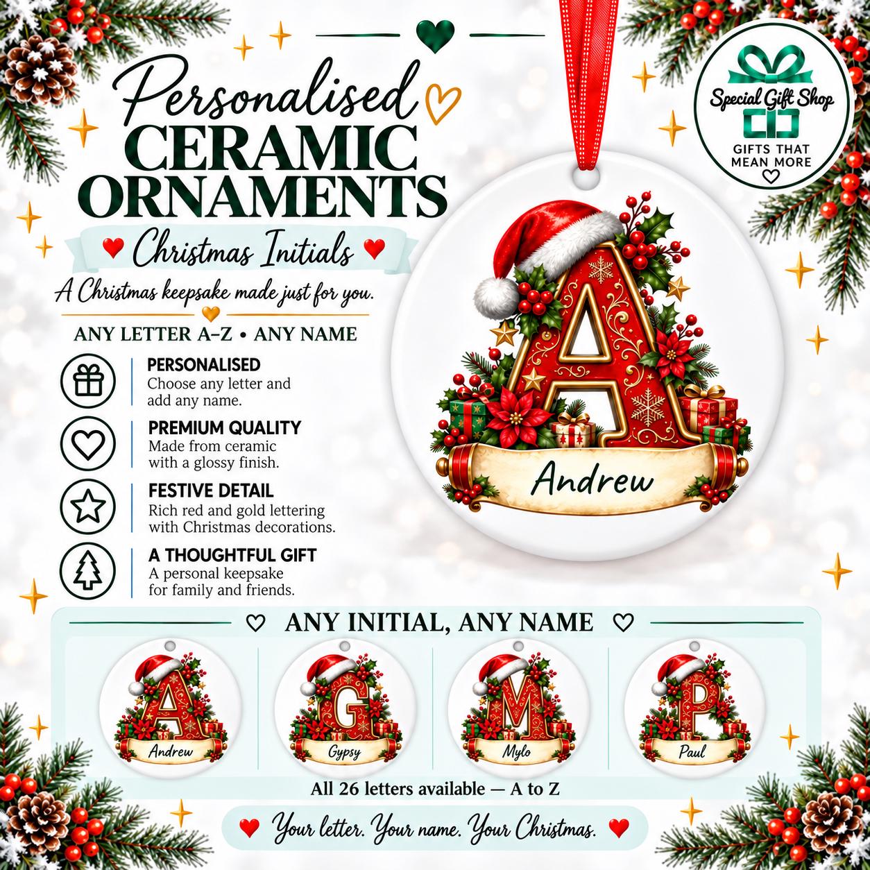 Personalised Christmas Initial Bauble, Any Letter & Name, Ceramic Tree Ornament, Red and Gold Monogram Christmas Gift