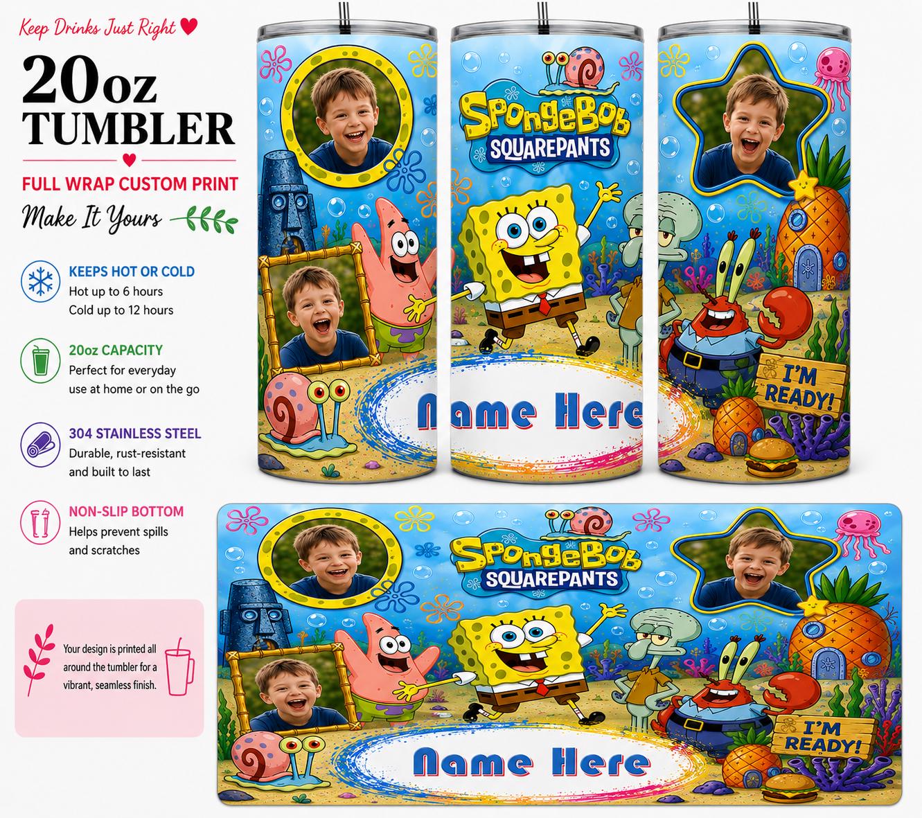 Personalised 20oz SpongeBob SquarePants Tumbler – Add Name & 3 Photos – Full Wrap Travel Cup