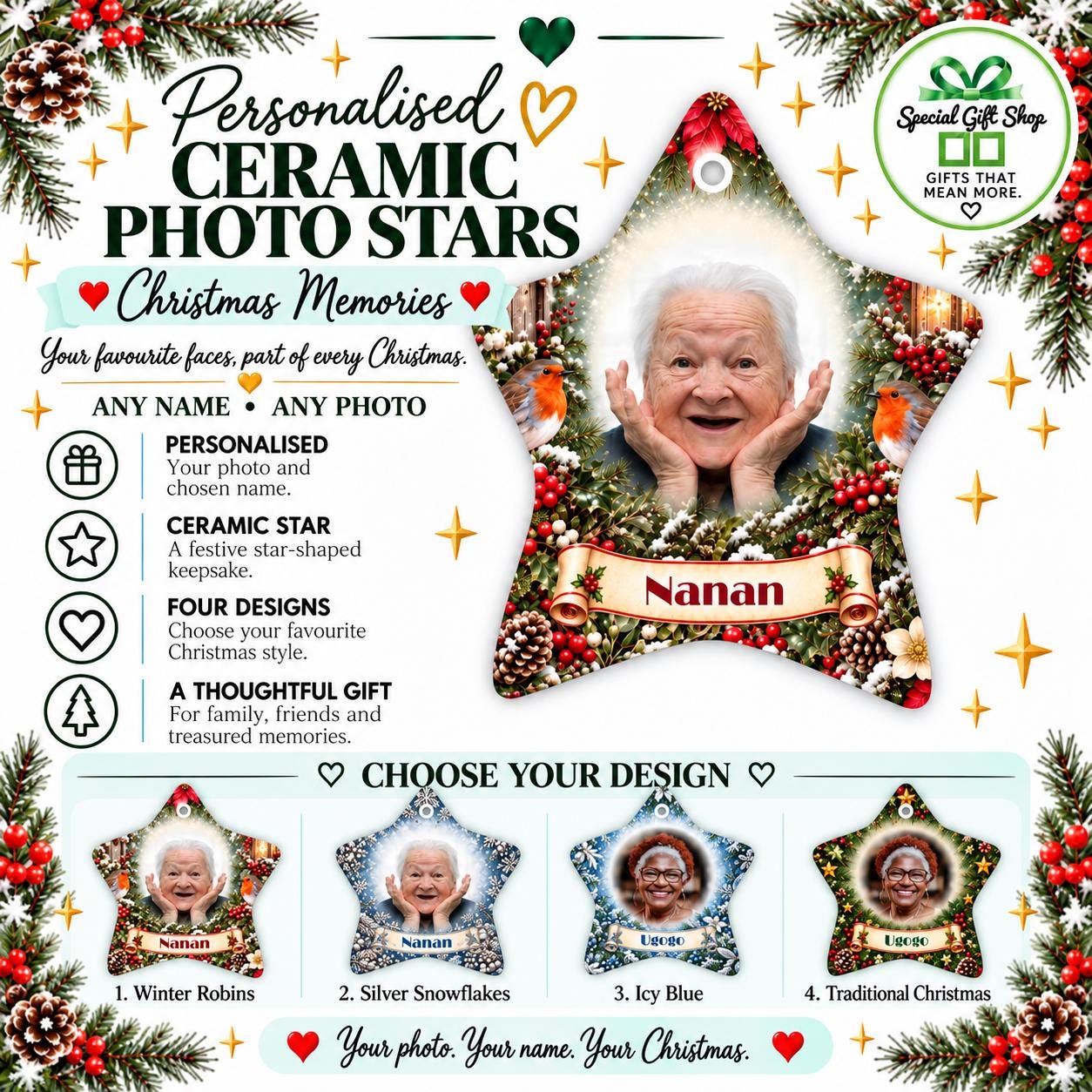 Personalised Photo Star Ornament, Ceramic Christmas Decoration with Name, Family Photo Keepsake, Memorial Christmas Gift