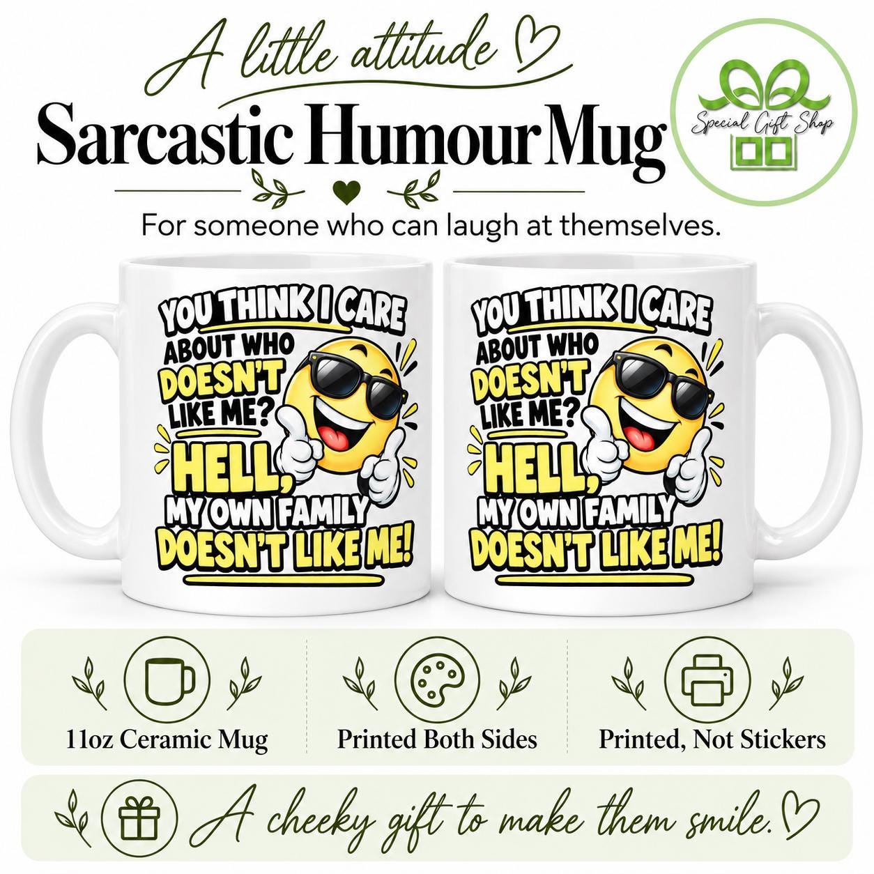 My Own Family Doesn't Like Me Mug – Funny Sarcastic Coffee Cup, Yellow Smiley Design, 11oz Ceramic Mug, Novelty Gift
