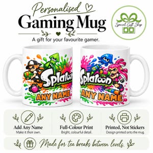 May include: Two white ceramic mugs featuring colourful Splatoon character graphics, ink splatters, and the text "ANY NAME" in orange. The mugs display cartoon figures holding ink blasters, surrounded by vibrant green, blue, and pink paint splashes.