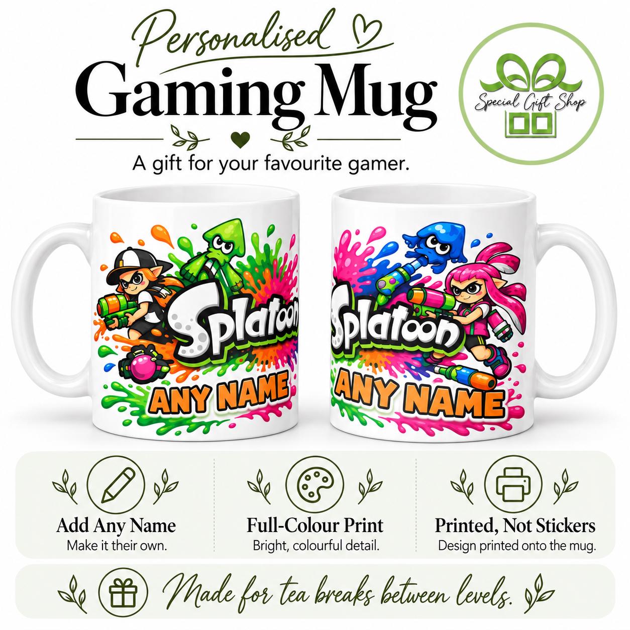 Personalised Gaming Mug – Custom Name Coffee Cup, Colourful Ink Splash Design