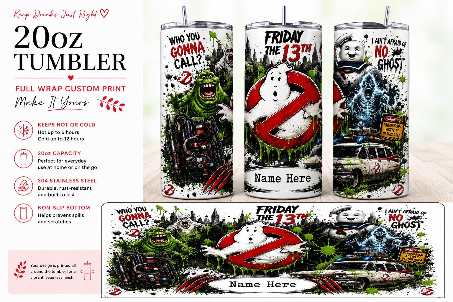 Personalised 20oz Ghostbusters Tumbler – Full Wrap Custom Name Travel Cup