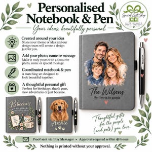 May include: A personalised notebook and pen set featuring custom photo prints and text. The notebooks display a family portrait with the text The Wilsons, a floral design with Rebecca's notes, and a golden retriever portrait labelled Archie.