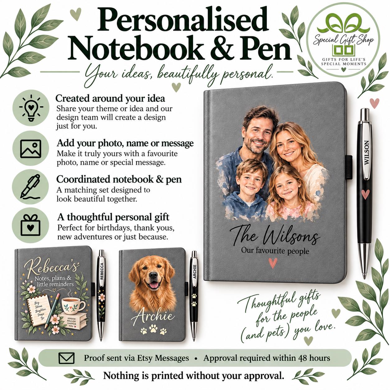 Personalised Notebook and Pen Set, Custom Photo or Name Journal, Bespoke Design, Teacher Thank You, Family or Pet Gift