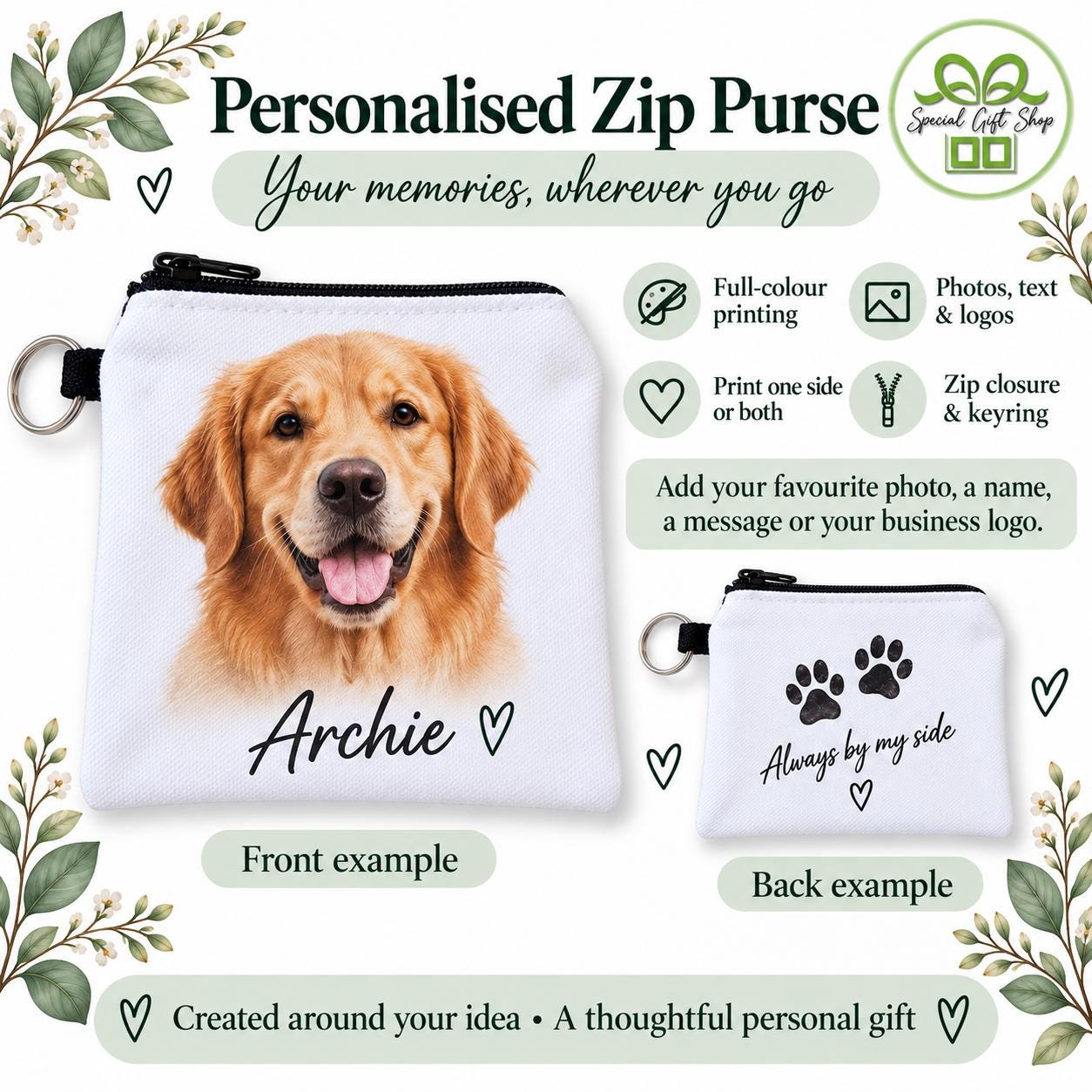 Personalised Photo Coin Purse with Keyring, Custom Zip Pouch, Full Colour Photo, Name or Logo, Optional Double Sided Printing