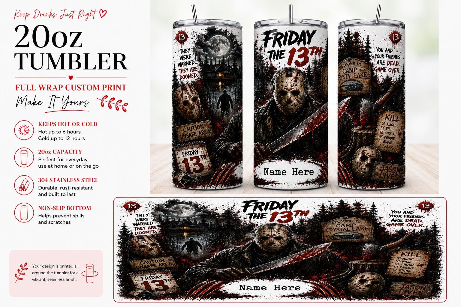 Personalised 20oz Friday the 13th Horror Tumbler – Full Wrap Custom Name Travel Cup