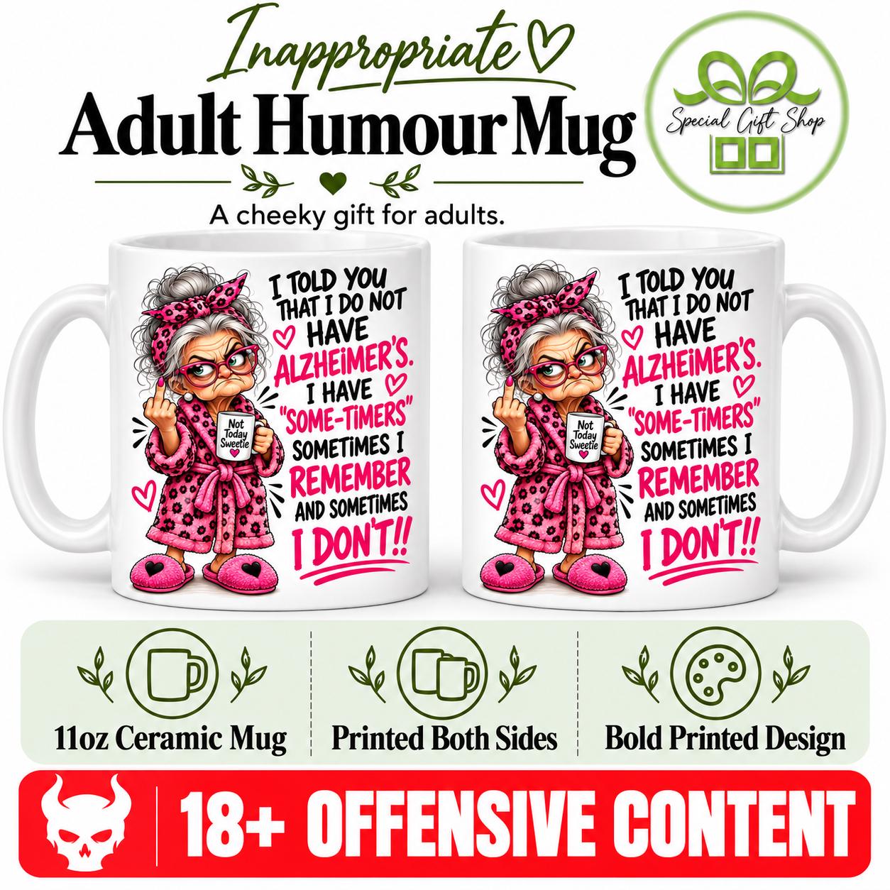 Some-Timers Mug, Sometimes I Remember Funny Coffee Cup, Cheeky Cartoon Lady, Pink 11oz Ceramic Mug, Adult Humour Gift