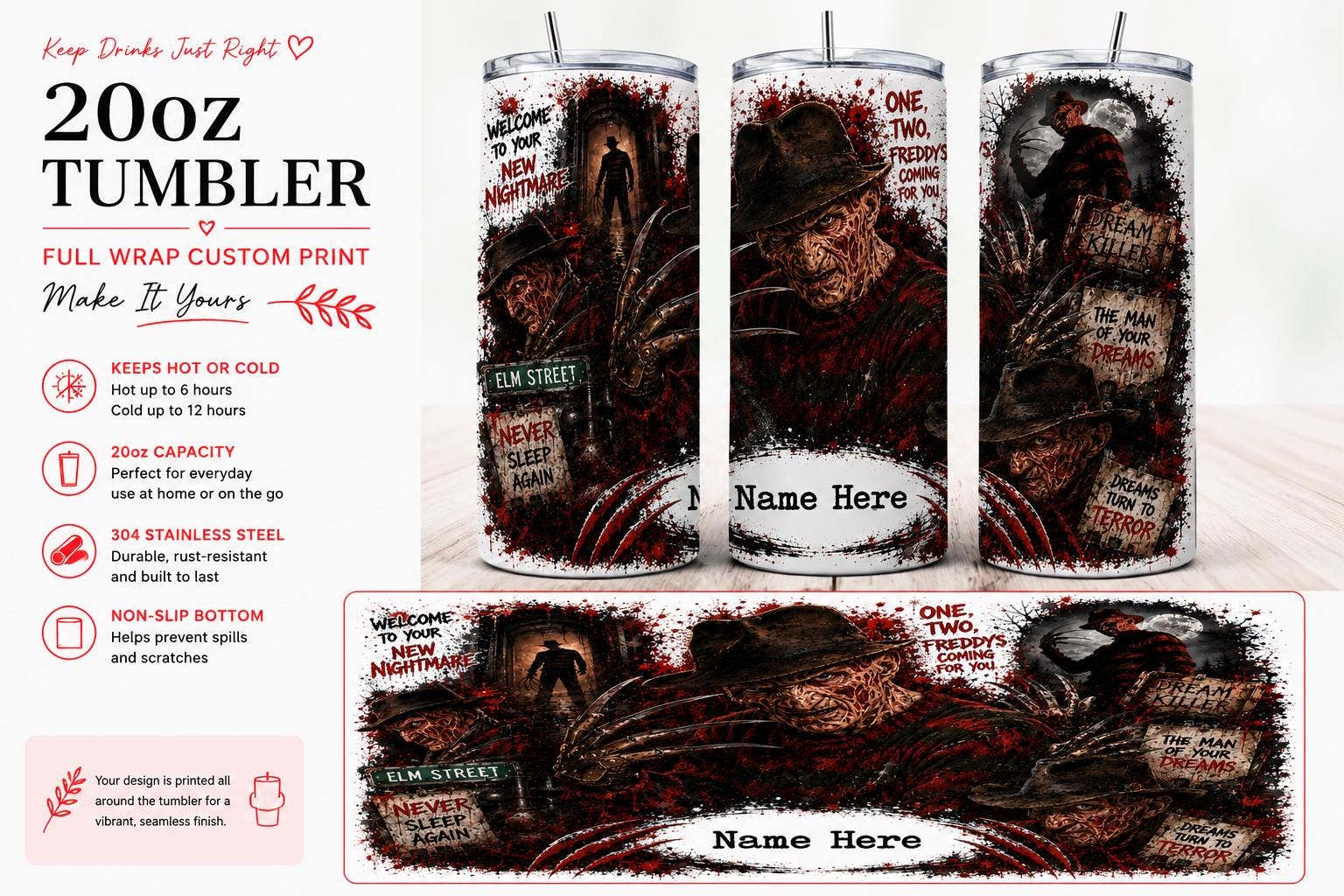 Personalised 20oz Nightmare Horror Tumbler – Full Wrap Custom Name Travel Cup