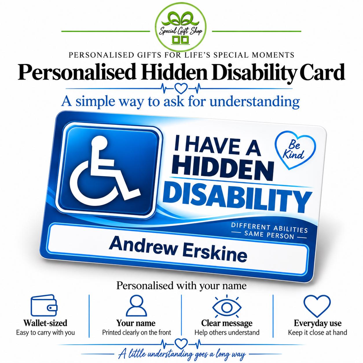 Personalised Hidden Disability Card, Custom Name Wallet Card, Invisible Disability Awareness, Optional Clear Holder