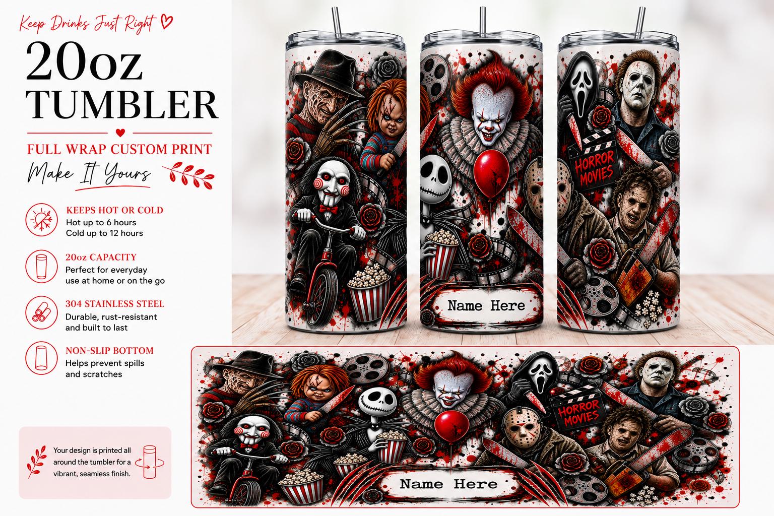 Personalised 20oz Horror Movie Icons Tumbler – Full Wrap Custom Name Travel Cup