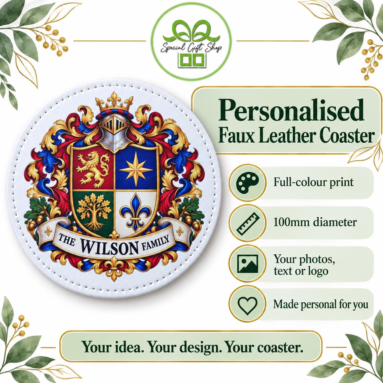 Personalised Faux Leather Coaster, Custom Photo Text or Logo, 100mm Round Full Colour Coaster, Family Crest Gift, Pet Keepsake