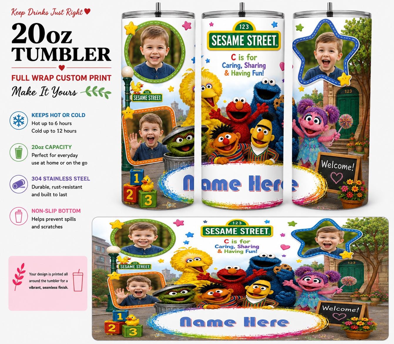 Personalised 20oz Sesame Street Tumbler– Add Name & 3 Photos – Full Wrap Travel Cup