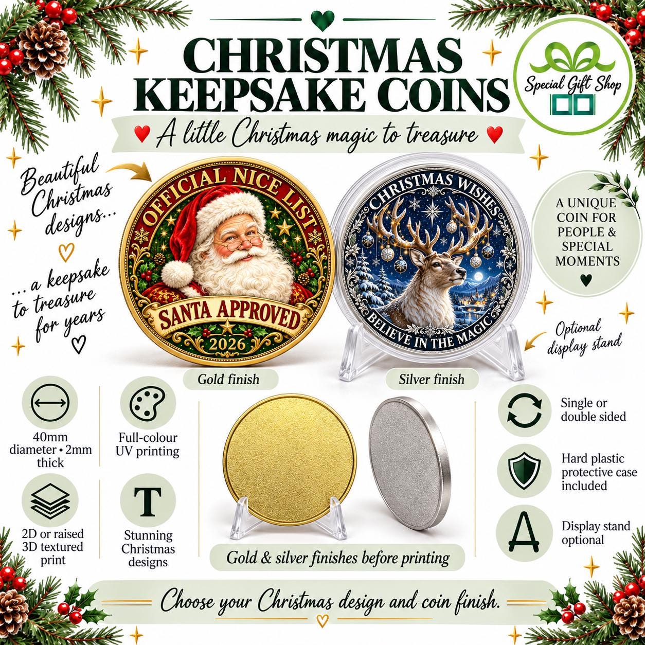 Christmas Keepsake Coin – Gold or Silver Finish, Santa Nice List, First Christmas, Robin & Memorial Designs, 2D or 3D UV Print