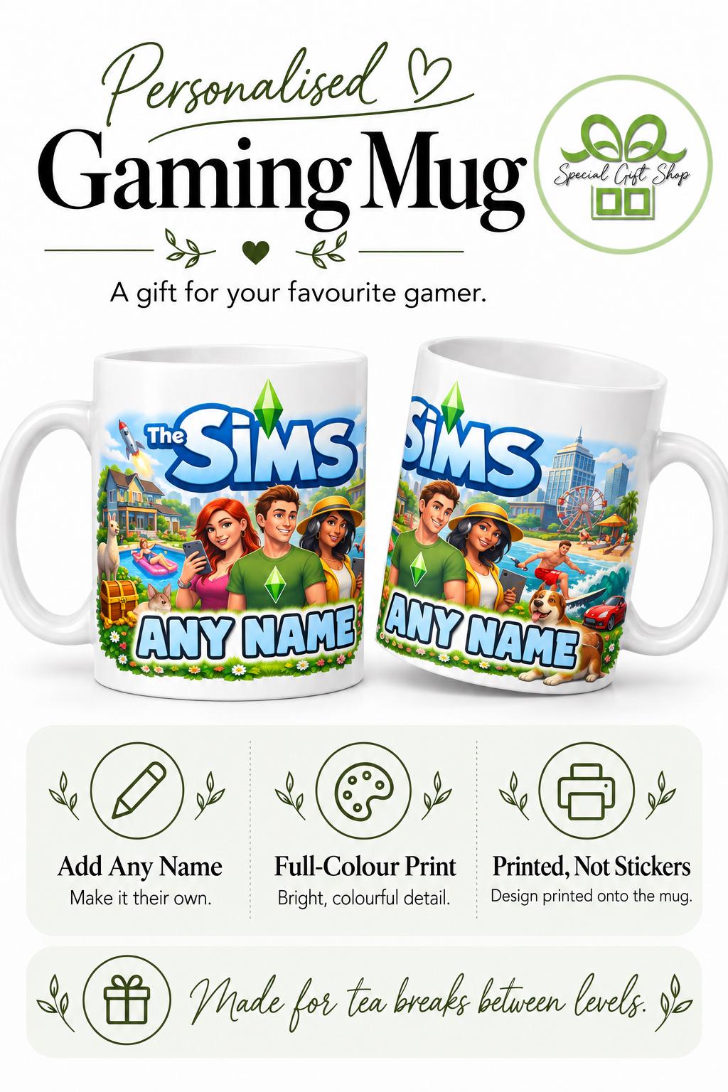 Personalised Sims Gaming Mug – Custom Name Coffee Cup for Gamers