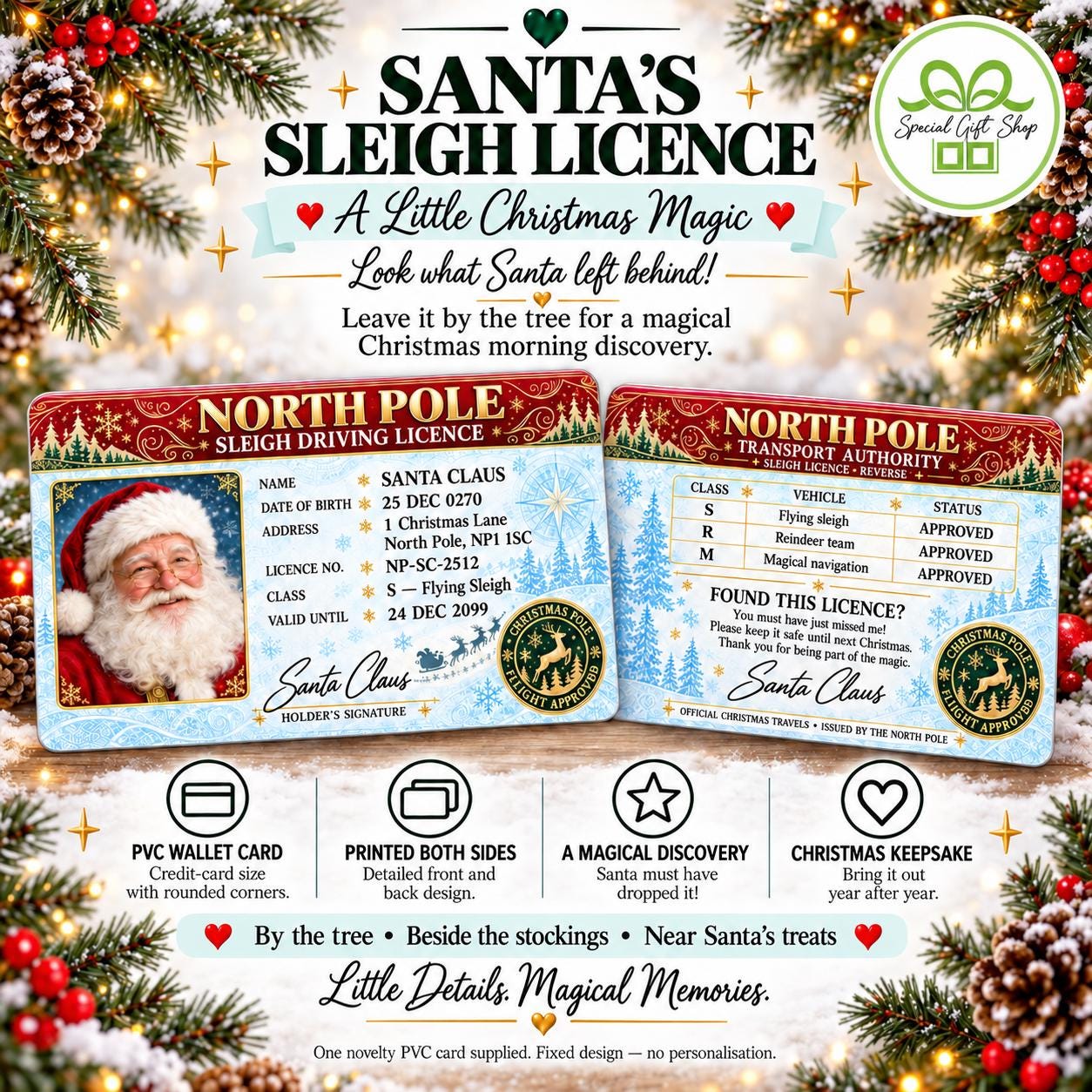 Santa Driving Licence PVC Card, Lost Santa Sleigh Licence, Christmas Eve Prop, Christmas Morning Surprise, North Pole Keepsake