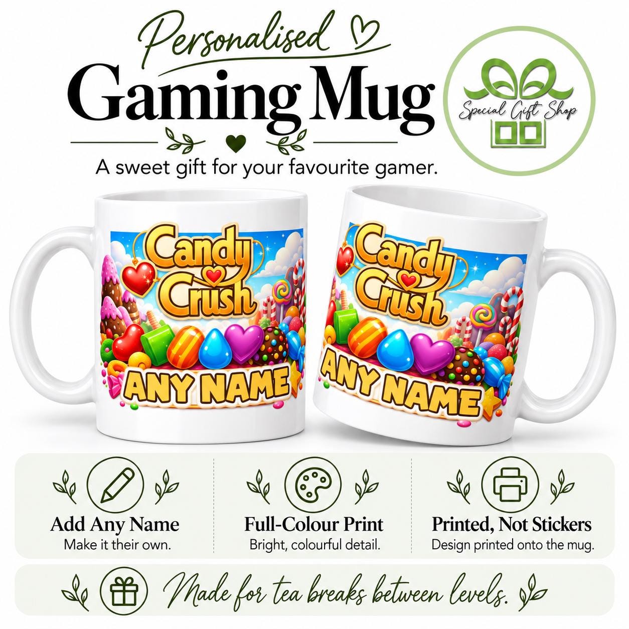 Personalised Candy Crush Gaming Mug, Custom Name Coffee Cup, Colourful Gamer Gift
