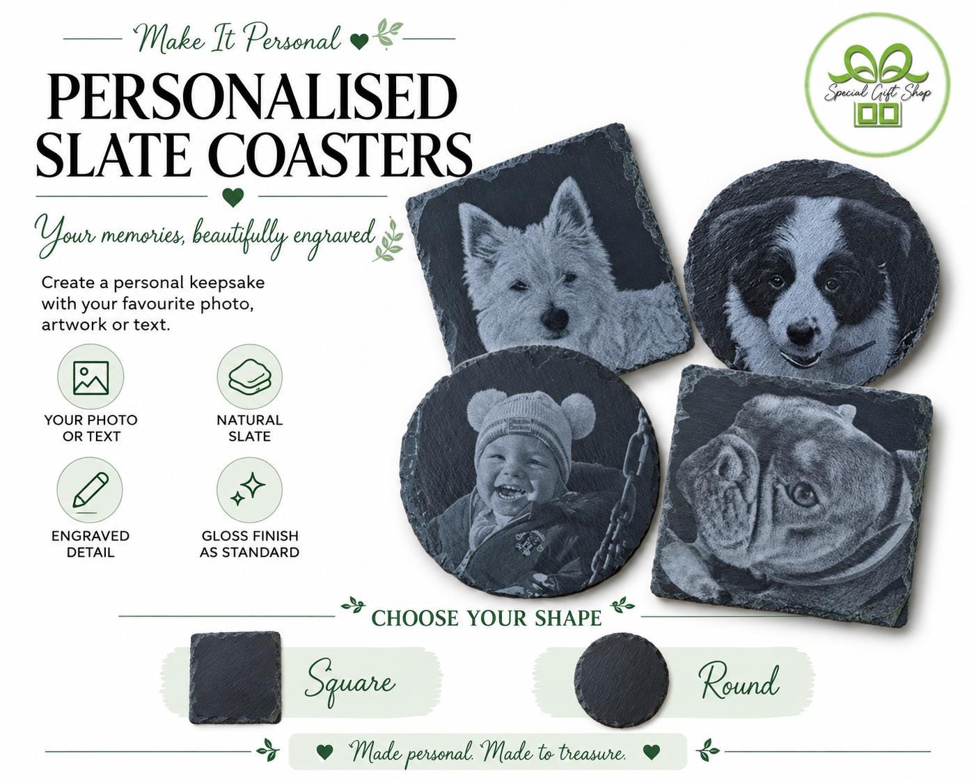 Personalised Slate Coaster, Engraved Photo or Text, Square or Round, Custom Pet Portrait, Family Keepsake Gift, Gloss Finish