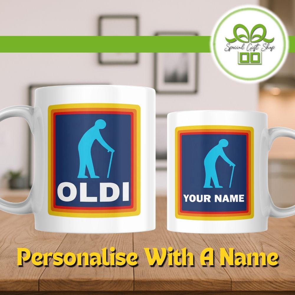 Personalised 'OLDI' Mug Custom Name Retirement Gift