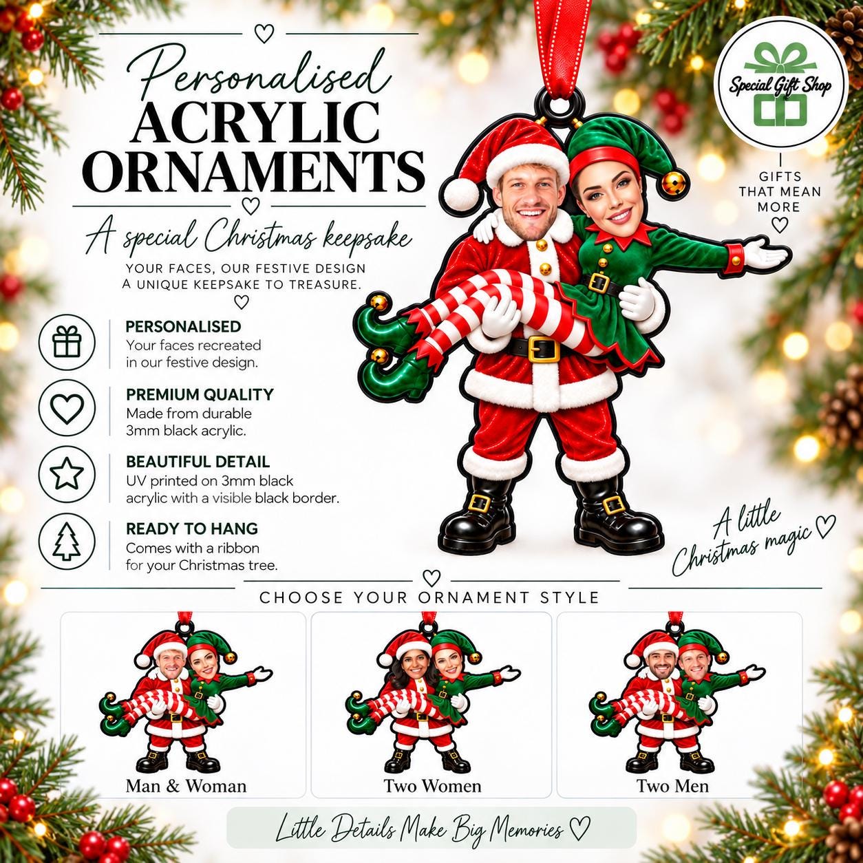Personalised Couple Christmas Acrylic Ornament – Custom Face Festive Keepsake