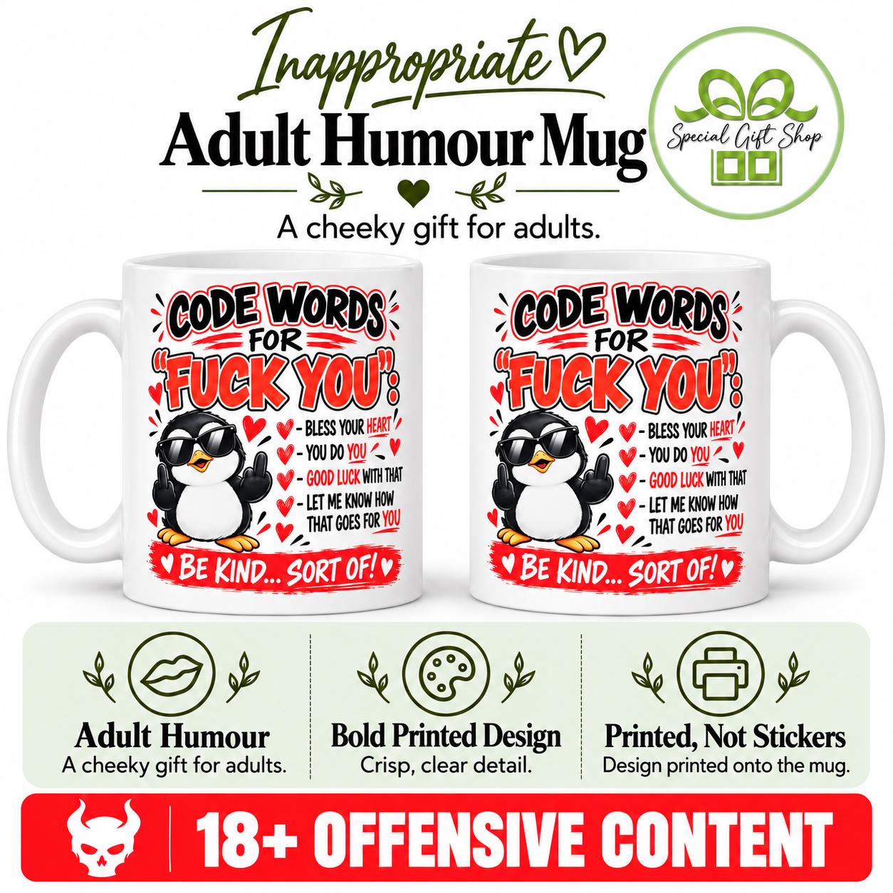 Code Words for Fuck You Mug – Funny Penguin Mug, Sarcastic Adult Humour Gift