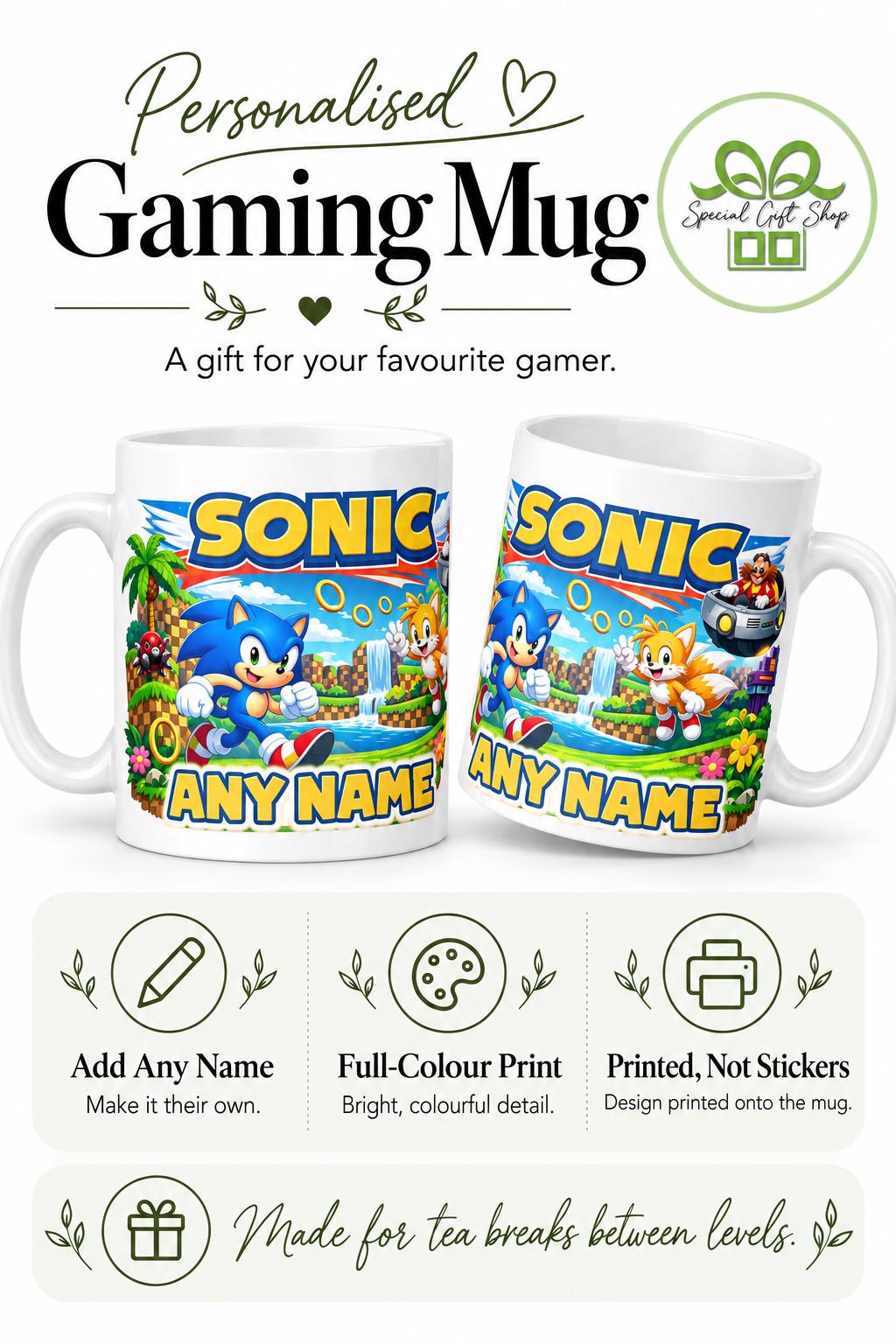Personalised Sonic Gaming Mug, Retro Gamer Coffee Cup, Custom Name Gift