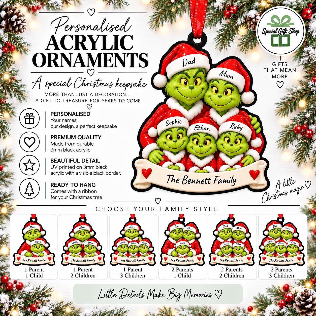Personalised Grinch Family Christmas Acrylic Ornament – Custom Name Family Keepsake