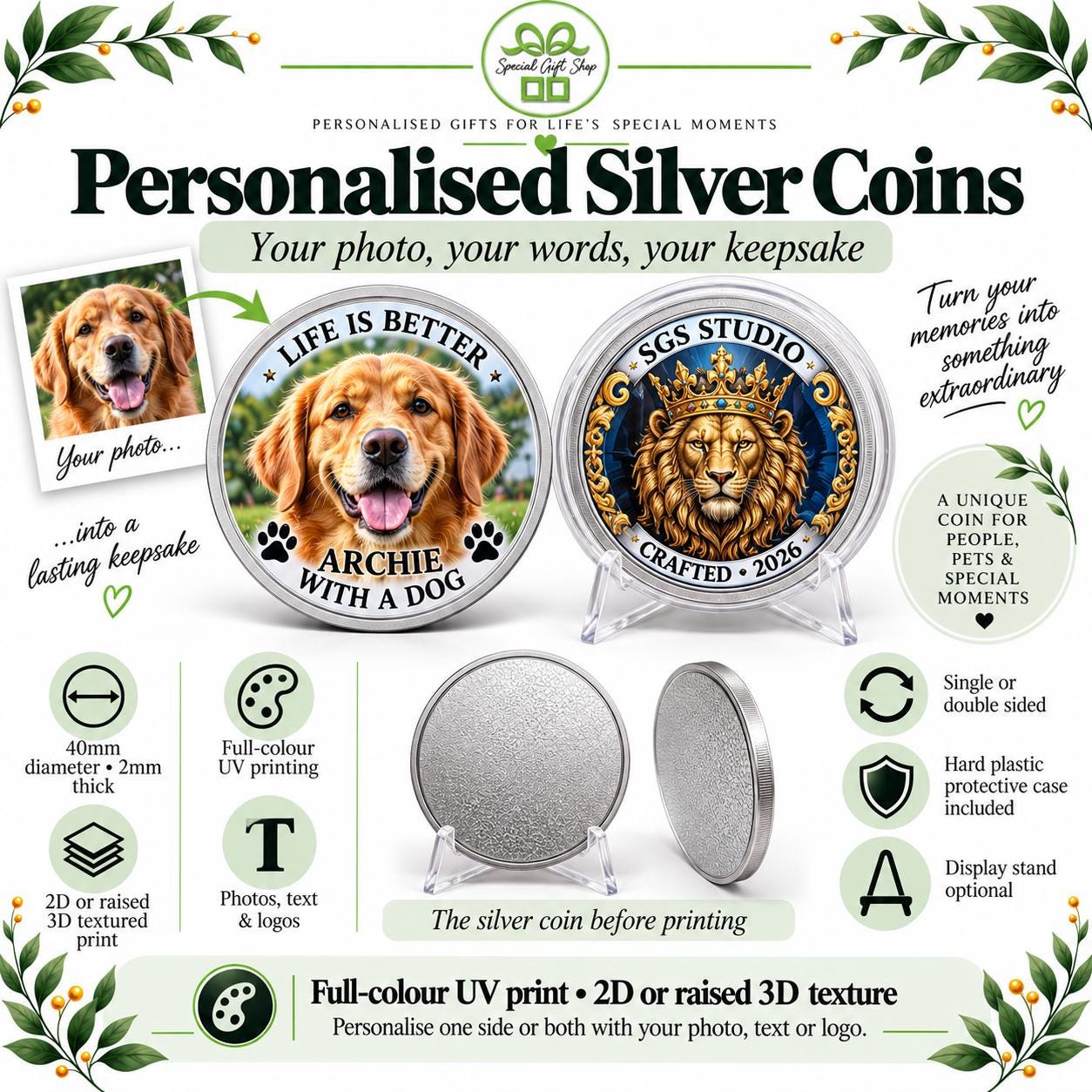 Personalised Silver Colour Coin, Custom Photo Text or Logo, 2D or 3D Textured UV Print, Memorial, Sobriety & Achievement Keepsake