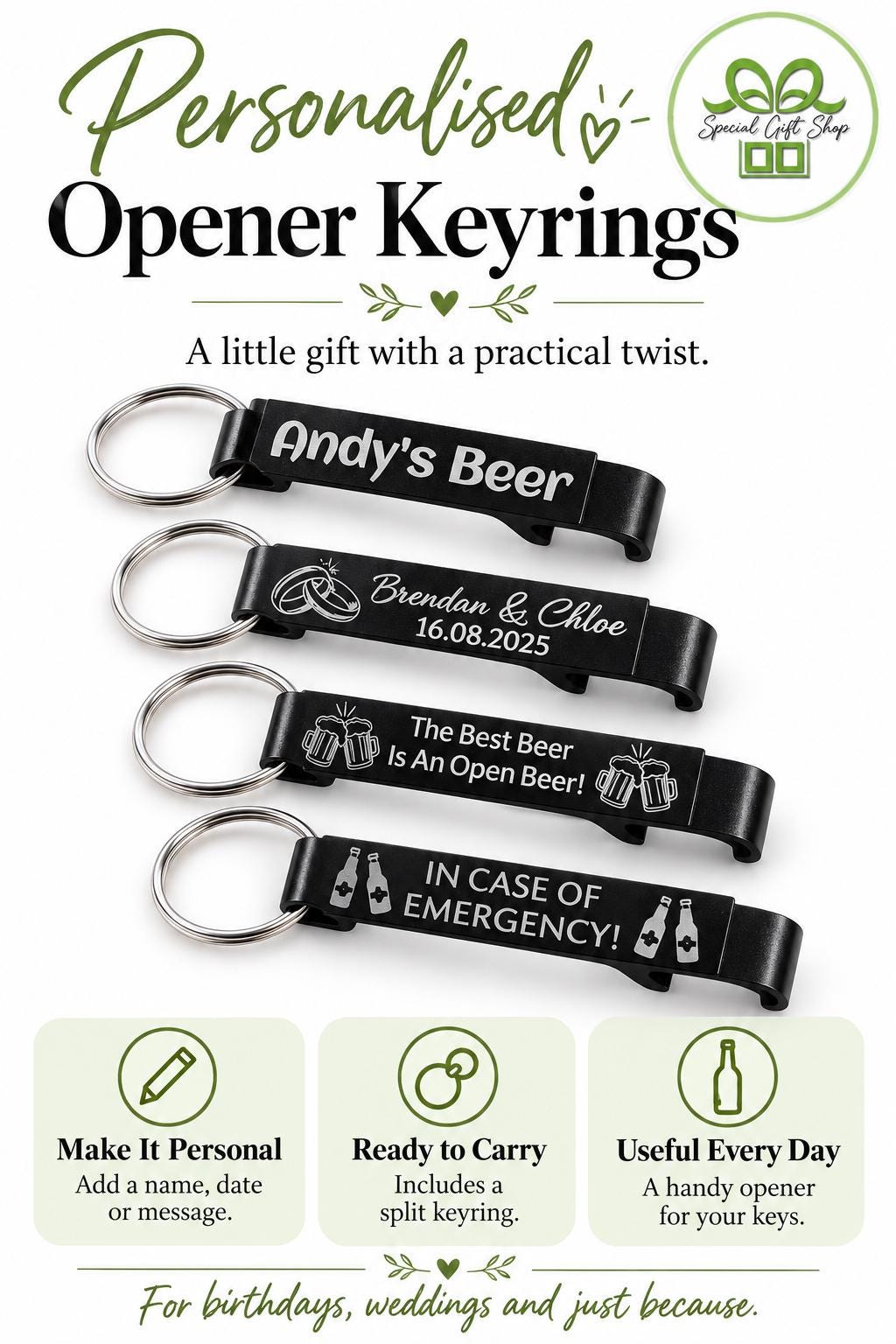 Personalized Engraved Multi-Functional Bottle Opener Keychain - Custom Text, Logo or Date!