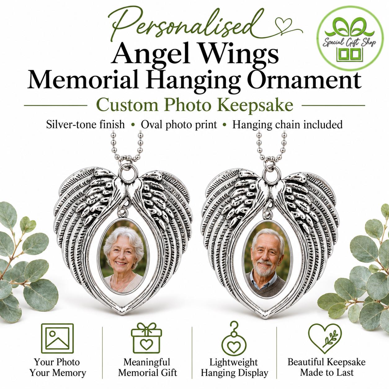 Personalised Angel Wings Photo Memorial Ornament, Custom Keepsake Gift