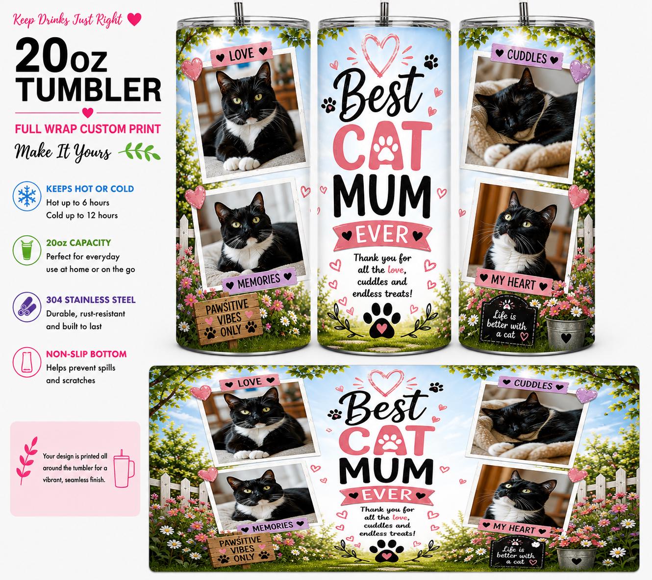 Personalised 20oz Cat Mum Tumbler – Full Wrap Custom Photo Travel Cup