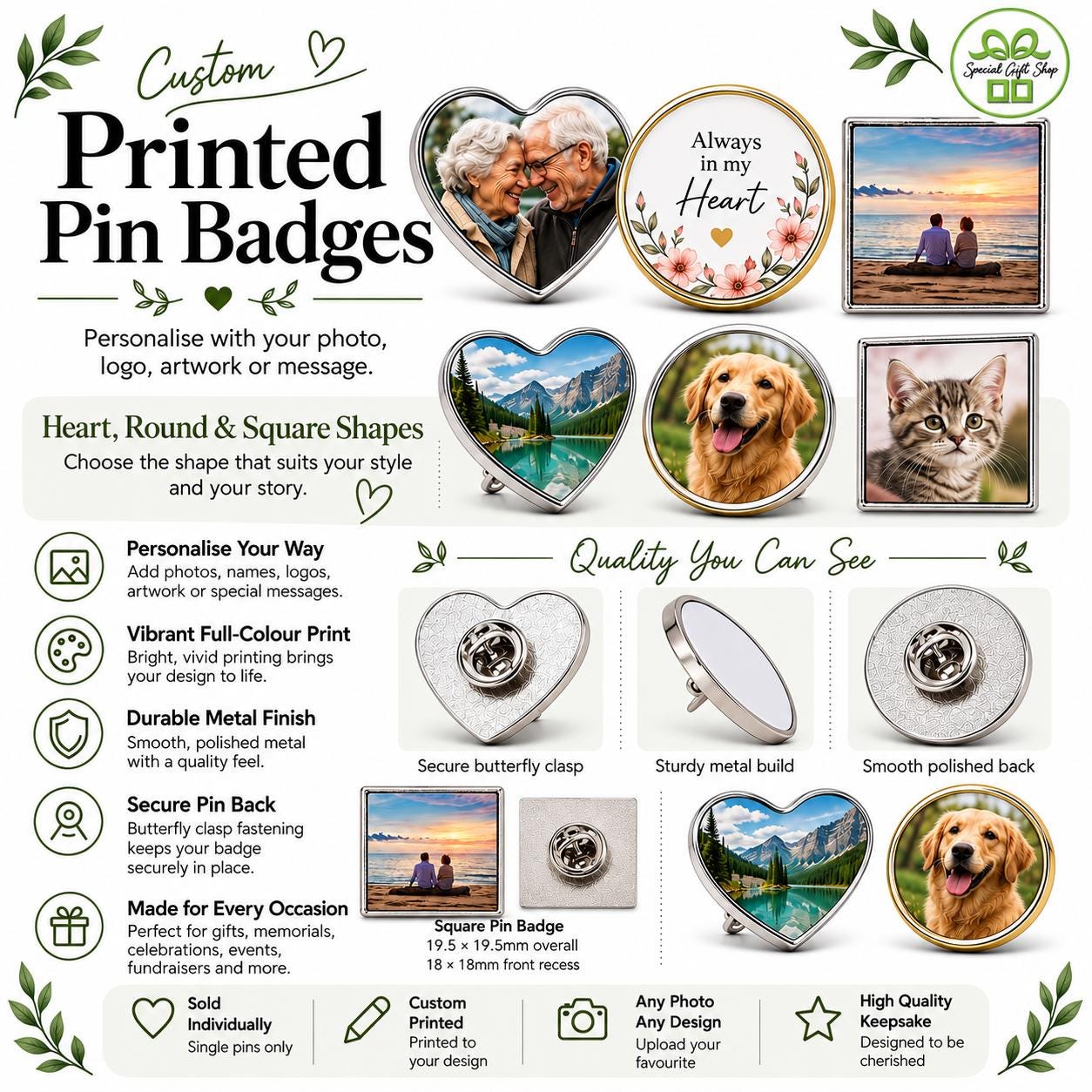 Personalised Photo Pin Badge, Custom Picture or Logo Brooch, Heart Round or Square, Memorial Keepsake Gift