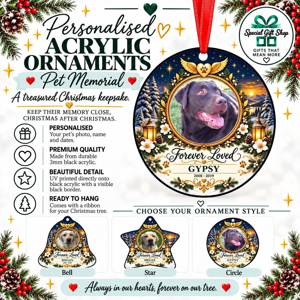Personalised Pet Memorial Christmas Acrylic Ornament – Photo Remembrance Keepsake