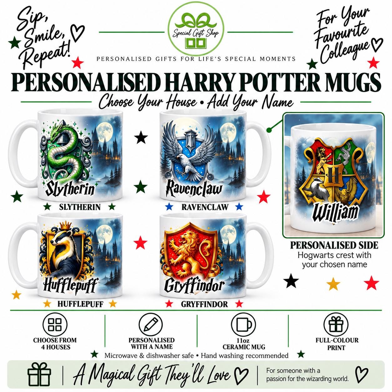 Personalised Harry Potter House Mug, Custom Name 11oz Ceramic Cup, Gryffindor, Slytherin, Ravenclaw or Hufflepuff Gift