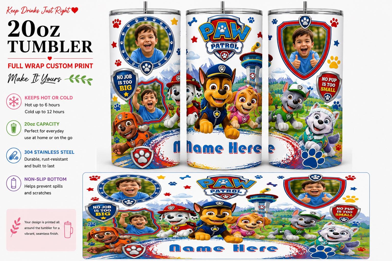 Personalised 20oz Paw Patrol Tumbler – Add Name & 3 Photos – Full Wrap Travel Cup