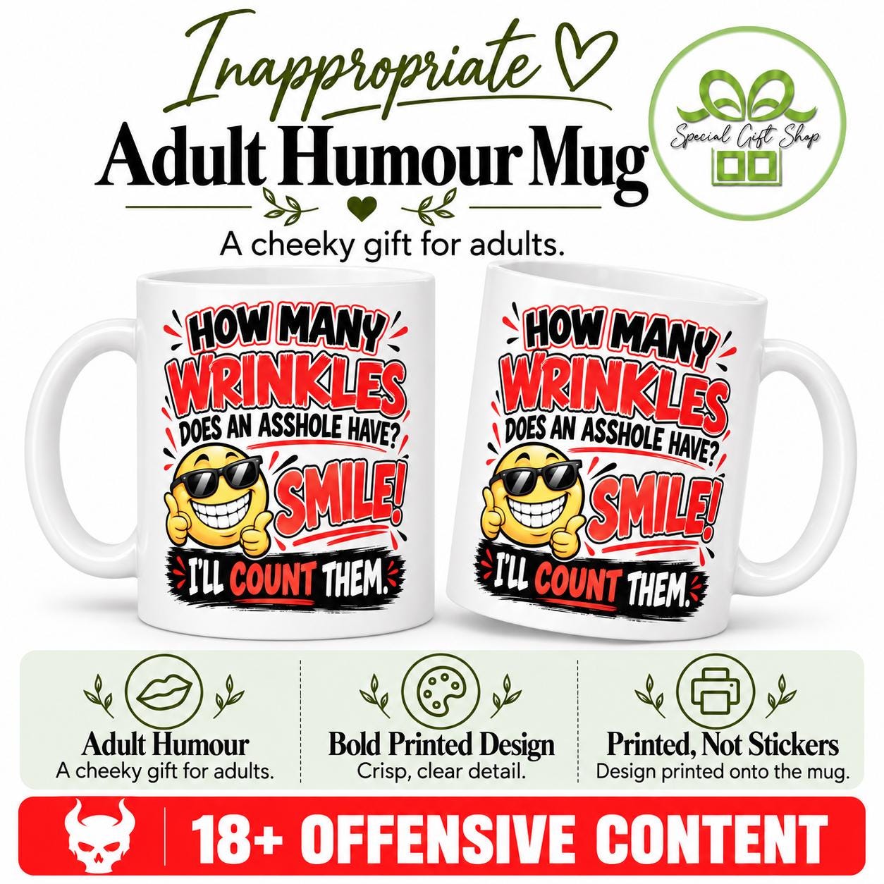 How Many Wrinkles Mug, Smile I'll Count Them, Funny Rude Coffee Cup, Adult Humour Gift, 11oz Ceramic Mug