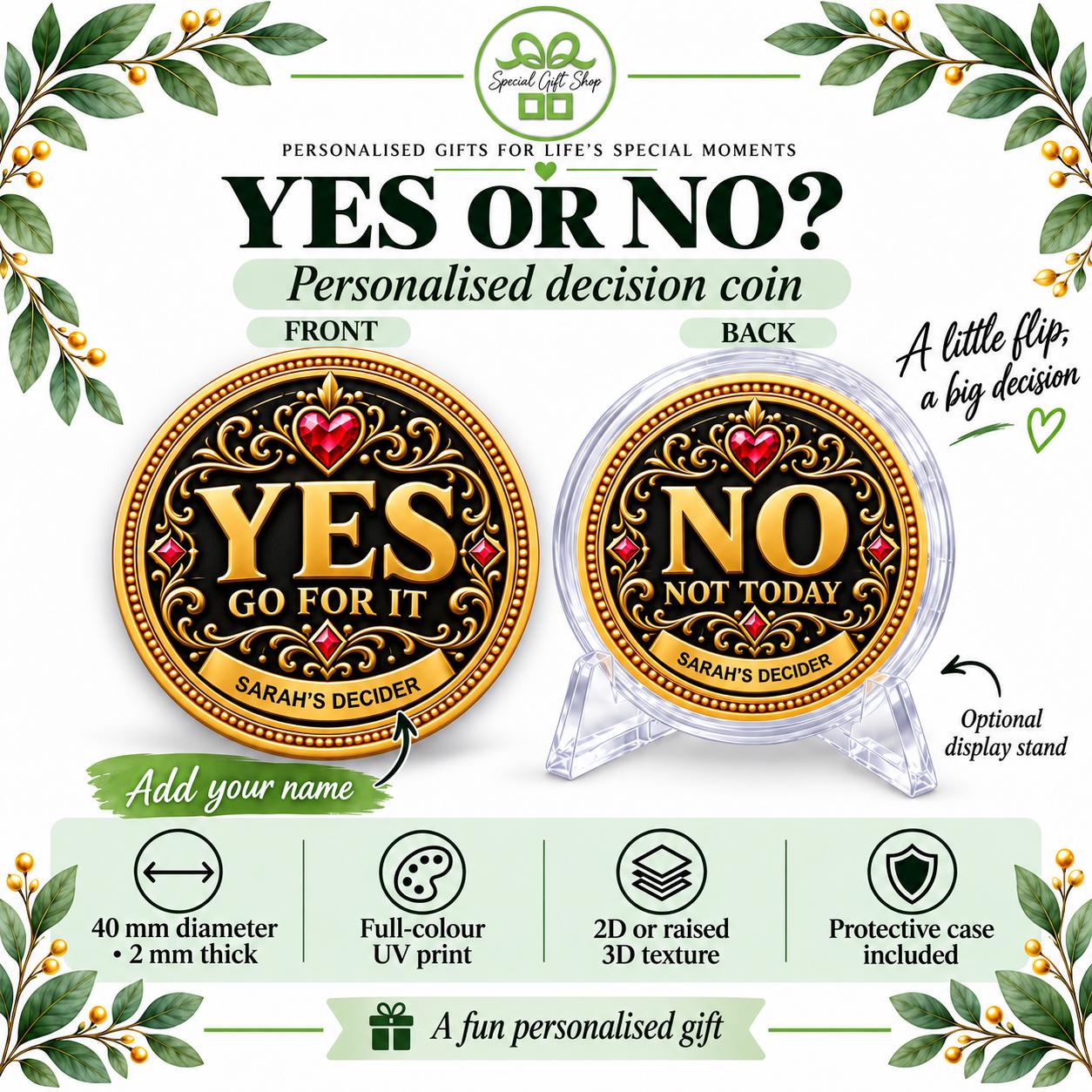 Personalised Yes No Decision Coin, Custom Name Decider, Funny Keepsake Gift, Gold and Black Design, Birthday Gift for Friend