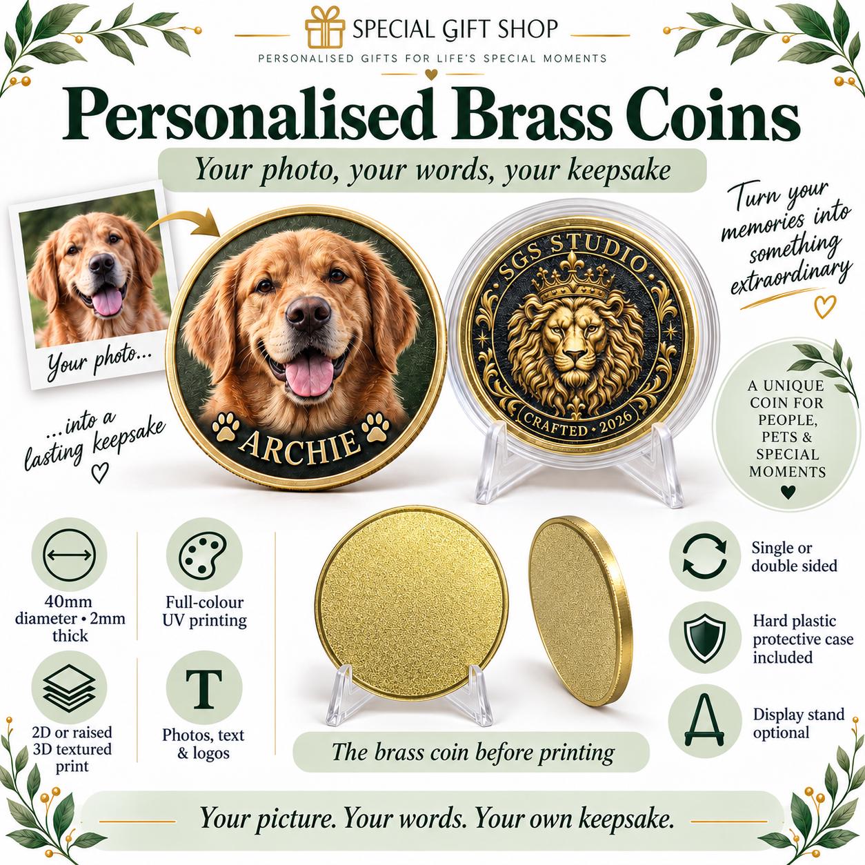 Personalised Brass Coin, Custom Photo Text or Logo, 2D or 3D Textured UV Print, Memorial, Sobriety & Achievement Keepsake