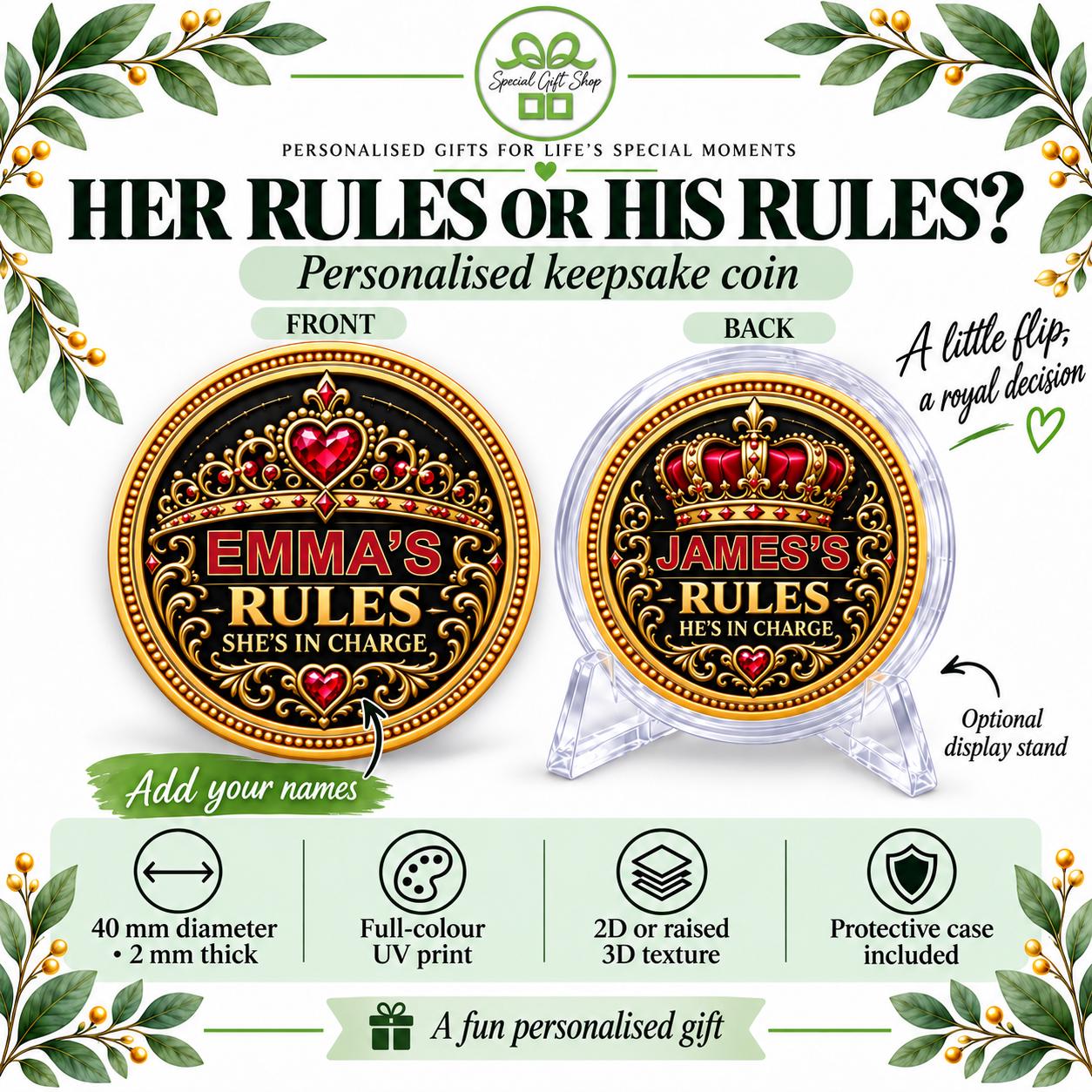 Personalised Her Rules His Rules Coin, Custom Names Decision Coin, Funny Couples Keepsake, Anniversary Gift, Wedding Gift