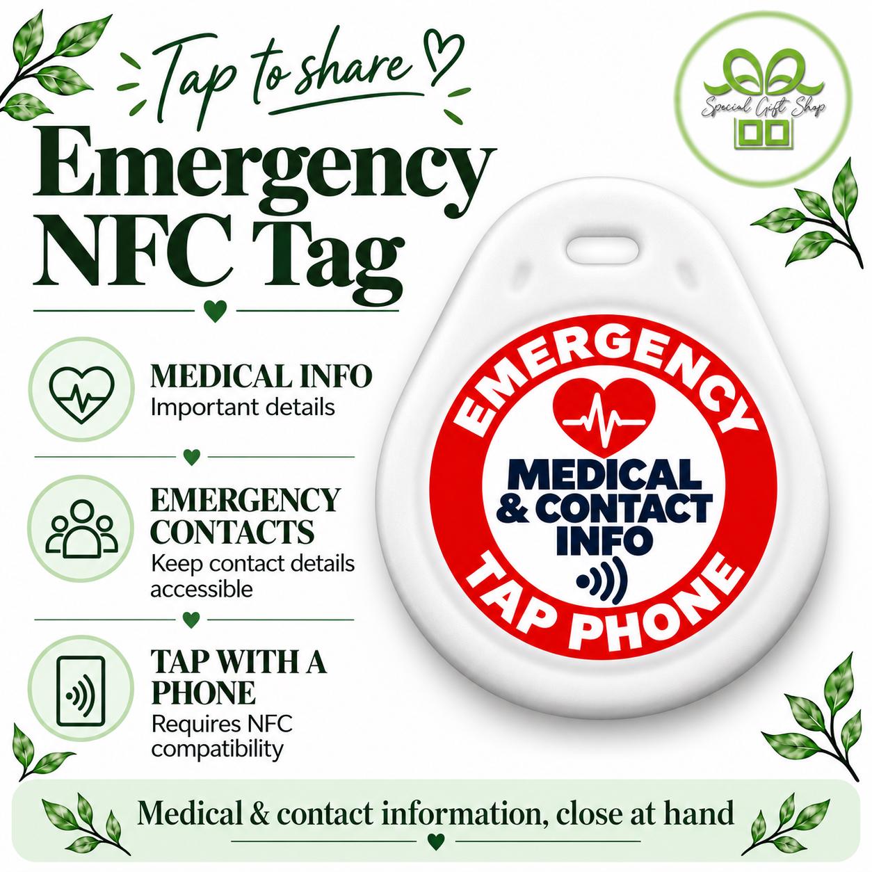 Emergency Medical NFC Tag, Medical Contact Info, Tap Phone Tag for Keys, Bags & Rucksacks