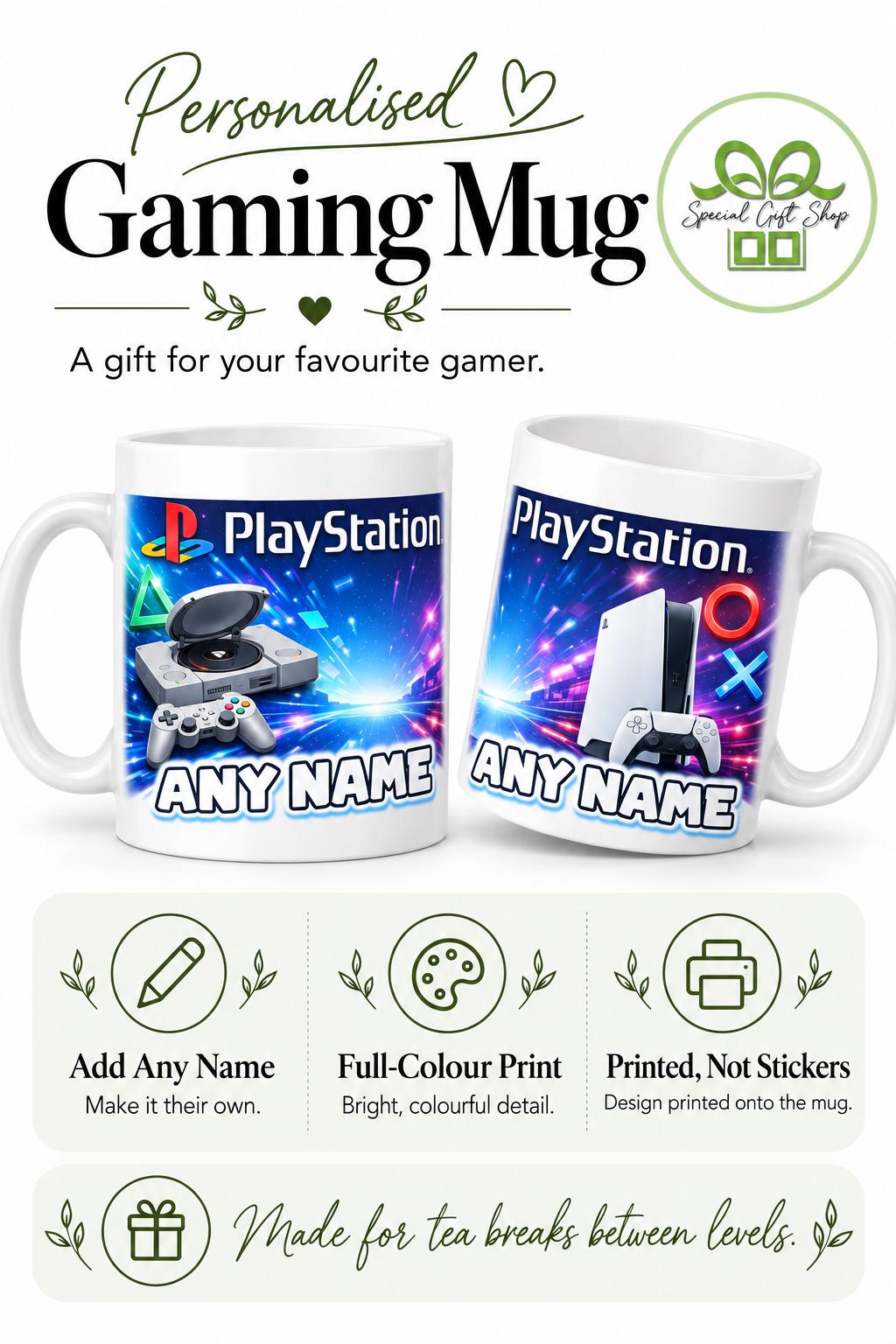 Personalised Gaming Mug with Name – Playstation Console Gamer Coffee Cup – Custom Gamer Gift – Gaming Lover Mug