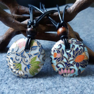 Japanese Chiyogami Medallion Necklace with adjustable leather cord -Japanese Chiyogami Pendant - Paper Jewelry