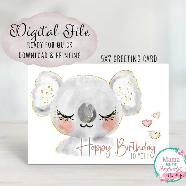 Koala Bear Birthday Card Printable, Koala 1st Birthday Card For Girls, Koala Gifts For Girls, First Birthday Cards, Animal Cards For Kids