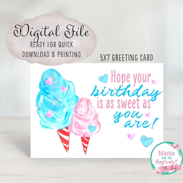 Cotton Candy Card Printable, Birthday Greeting Card, Happy Birthday Card For Girl, Cotton Candy Gift, Cotton Candy Greeting Card Digital