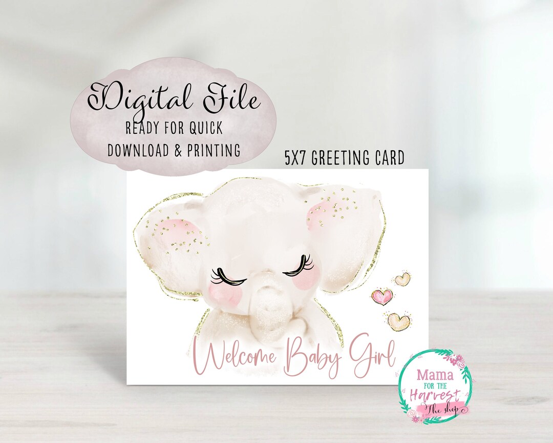 Elephant Baby Shower Card Printable, Safari Baby Cards for Girls, New ...