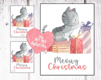 Cat Christmas Gift Tags Printable, Cat Gift Tags Digital, Meowy Christmas Tags, Cute Cat Tags, Christmas Kitten Tags, Gift From Cat