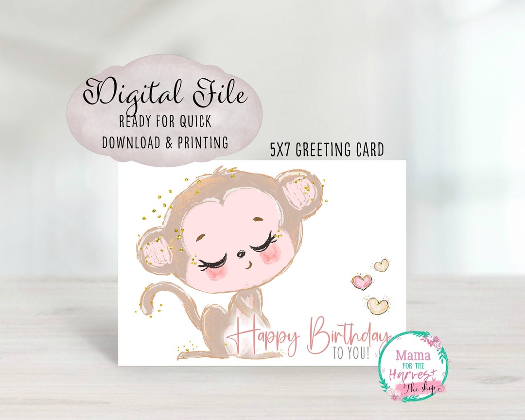 Monkey Birthday Card Printable, Monkey 1st Birthday Card for Girls, Monkey Gifts for Girls ...