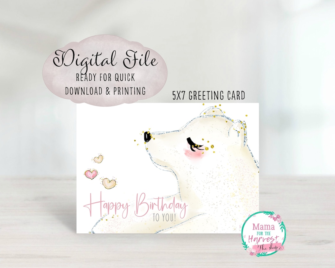 Polar Bear Birthday Card Printable, Arctic 1st Birthday Card for Girls ...